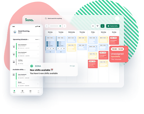 Sona's powerful workforce management software in action across desktop and mobile phone