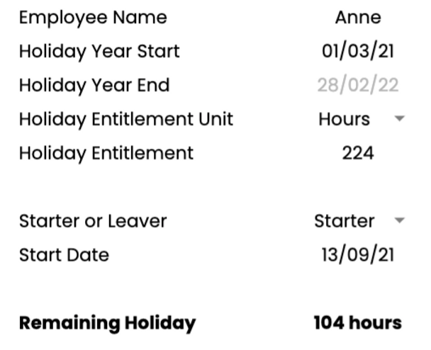 Example of Holiday Entitlement Calculator results