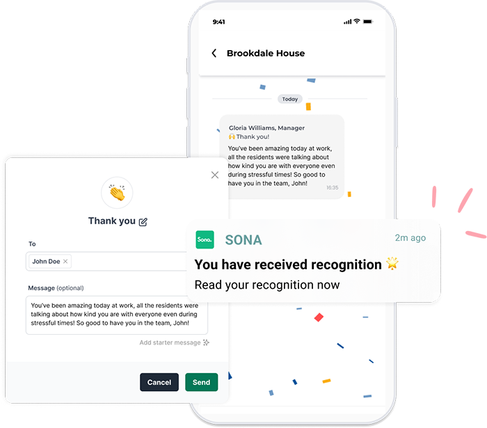 Recognition and credit for employees provided using Sona's workforce management app